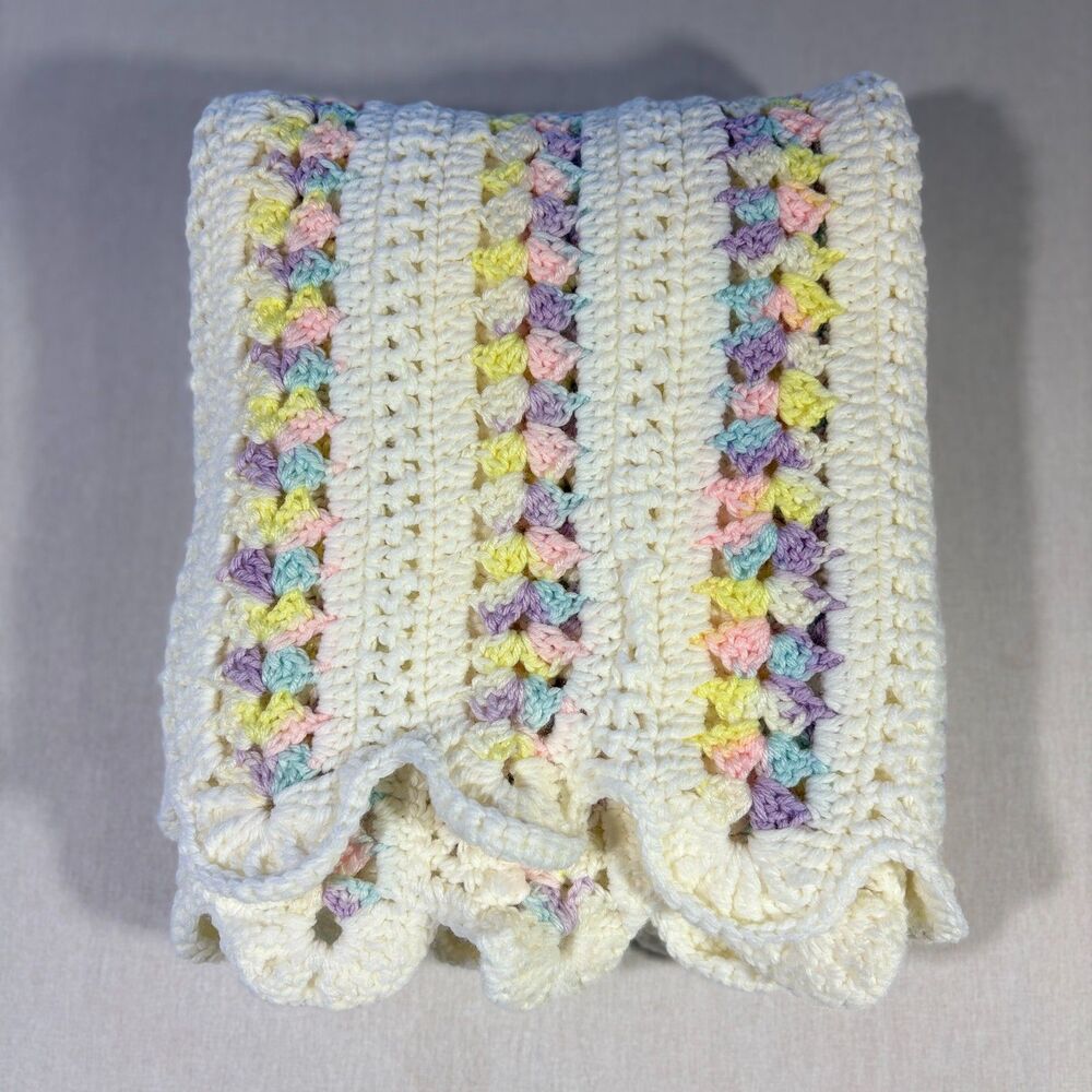 Vintage Handmade White Crochet Baby Blanket Pastel Stripes Scalloped 47x29